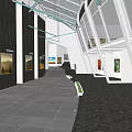 Modern Art Gallery Interior With Hanging Artworks Glass Skylight Visitors And Spacious Design