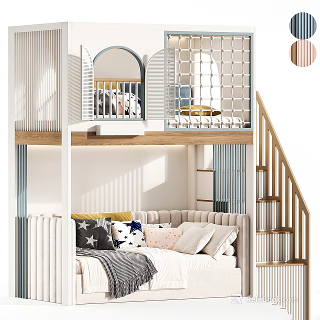 Modern Kids Bunk Bed With Stairs Upper Guardrail Lower Sofa Bed And Pillows 3d model 