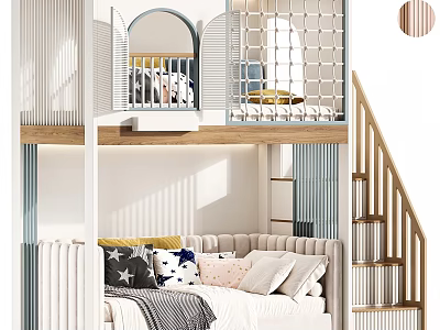 Modern Kids Bunk Bed With Stairs Upper Guardrail Lower Sofa Bed And Pillows 3d model