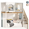 Modern Kids Bunk Bed With Stairs Upper Guardrail Lower Sofa Bed And Pillows
