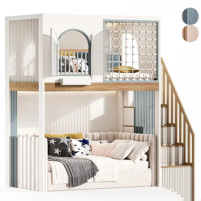 Modern Kids Bunk Bed With Stairs Upper Guardrail Lower Sofa Bed And Pillows 3d model