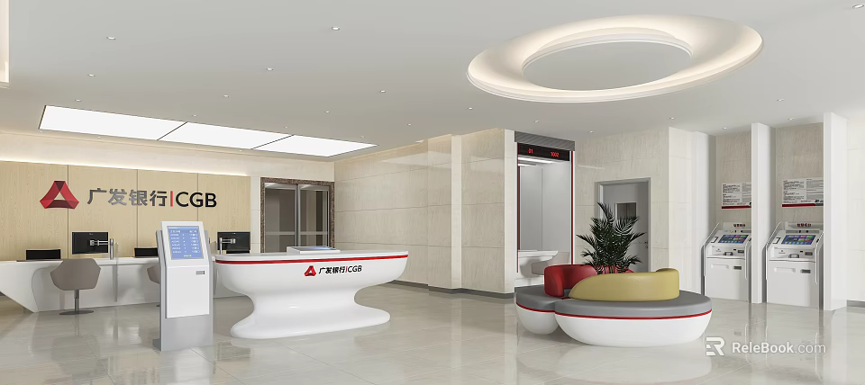 Modern Service Hall Interior With Reception Desk Sofa Elevator Green Plant CCGB PMPCIB Signs 3d model 