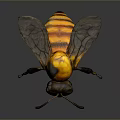 Detailed 3D Rendered Bee With Yellow Black Body Transparent Wings On Dark Background