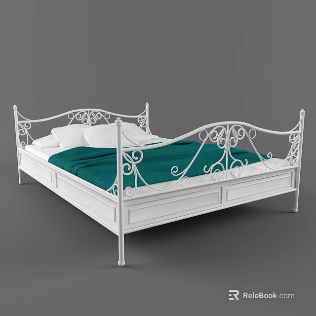 White Iron Double Bed with Ornate Design Green Blanket and White Pillows 3d model 