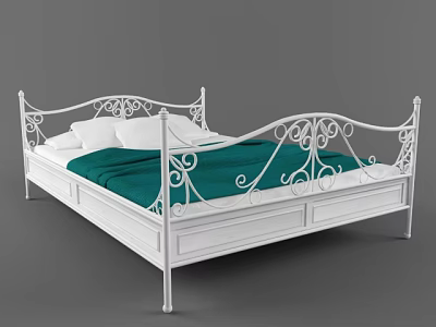 White Iron Double Bed with Ornate Design Green Blanket and White Pillows 3d model