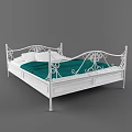 White Iron Double Bed with Ornate Design Green Blanket and White Pillows