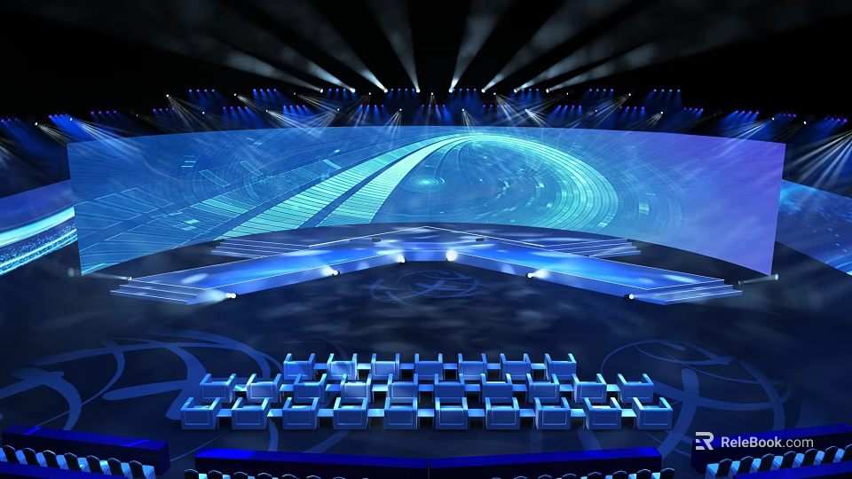 Modern Tech Stage Design With Blue Lighting Large Screen And Seats Arrangement 3d model 