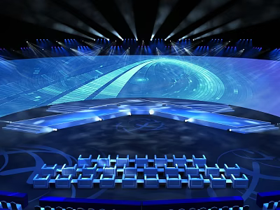 Modern Tech Stage Design With Blue Lighting Large Screen And Seats Arrangement 3d model
