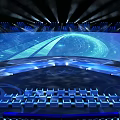 Modern Tech Stage Design With Blue Lighting Large Screen And Seats Arrangement 3d model
