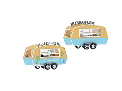 Colorful Mobile Food Trucks With Blue Yellow Design And Brand Logos 3d model