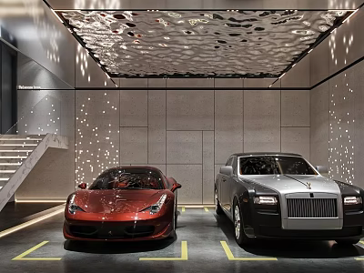 Stylish Indoor Parking Garage With Red Sports Car Silver Luxury Vehicle Staircase And Decorative Ceiling 3d model