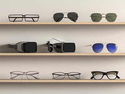 Display Of Various Eyewear On Wooden Shelves 3d model