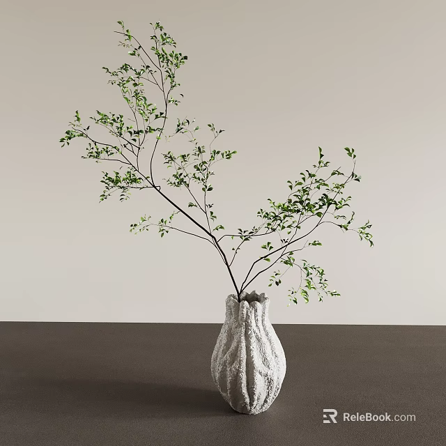 Stylish White Textured Vase With Green Branches And Leaves On Tabletop Against Light Wall 3d model 