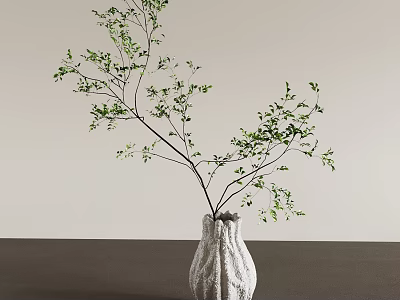 Stylish White Textured Vase With Green Branches And Leaves On Tabletop Against Light Wall 3d model