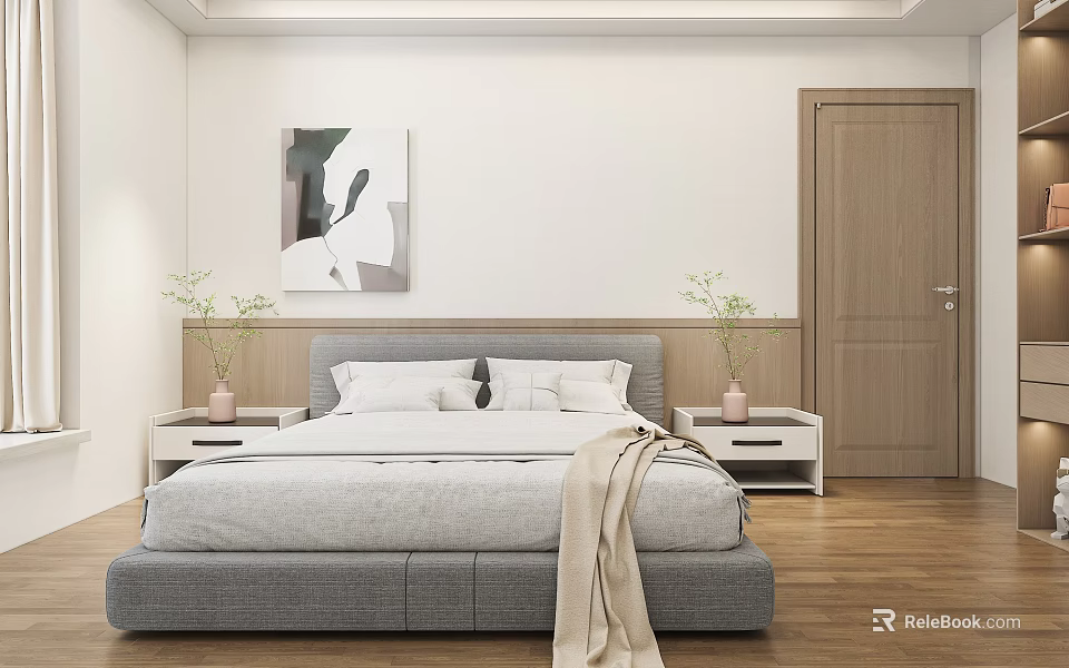 Modern Minimalist Bedroom Interior With Gray Bed White Nightstands Abstract Painting And Wooden Floor 3d model 