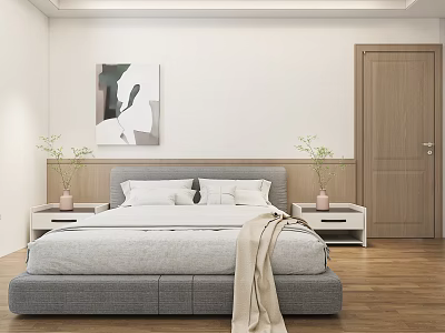 Modern Minimalist Bedroom Interior With Gray Bed White Nightstands Abstract Painting And Wooden Floor 3d model