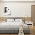 Modern Minimalist Bedroom Interior With Gray Bed White Nightstands Abstract Painting And Wooden Floor