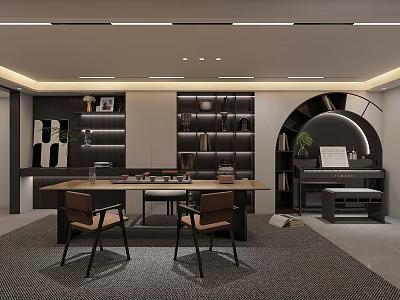 Modern Study Room Interior With Long Table Chairs And Bookshelves 3d model