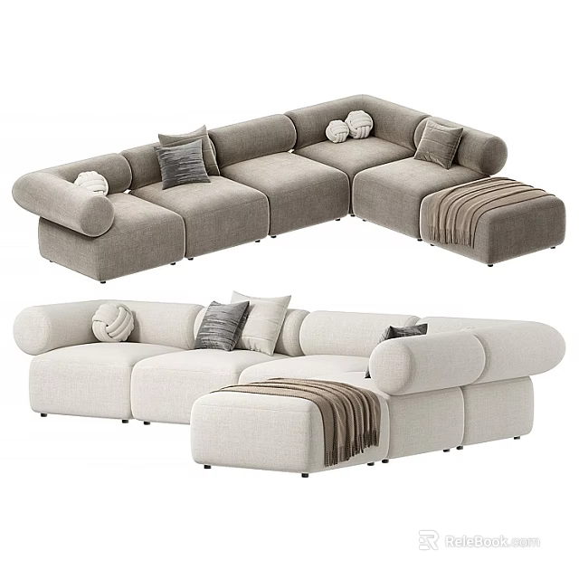 Modern Modular Sofa Set with Neutral Tones Cushions Ottoman and Throw Blanket 3d model 