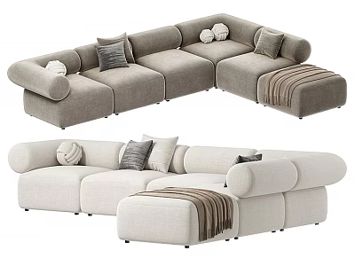 Modern Modular Sofa Set with Neutral Tones Cushions Ottoman and Throw Blanket 3d model