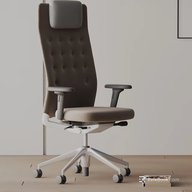 Ergonomic Office Chair With Tufted Brown Backrest Beige Seat Gray Armrests And White Base 3d model 