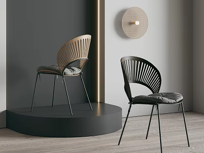 Stylish Accent Chairs With Curved Wooden Backrest And Black Metal Legs In Modern Grey Room 3d model