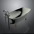 White Modern Electronic Bathtub With Gold Legs And Silver Faucet On Black Reflective Floor