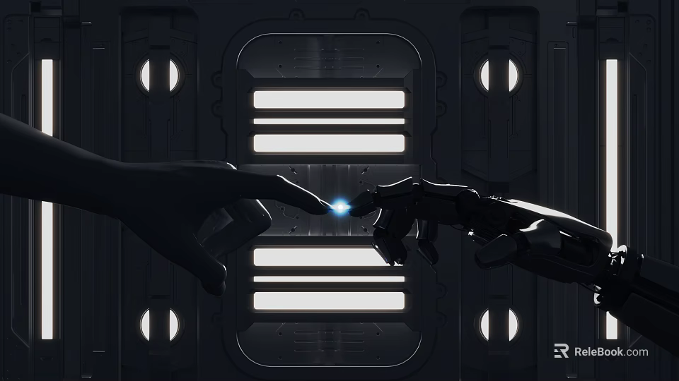 Game Movie Character Human Hand Robotic Arm Fingertip Contact With Blue Light Dark Metallic Background 3d model 