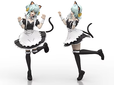 Woman In Maid Outfit With Cat Ears And Tail Posing In Dynamic Dancing Stance 3d model