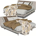 Minimalist Double Bed With Upholstered Frame Brown Comforter Patterned Blanket And Pillows 3d model