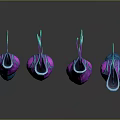 Four purple abstract plants with blue textured bases on dark surface