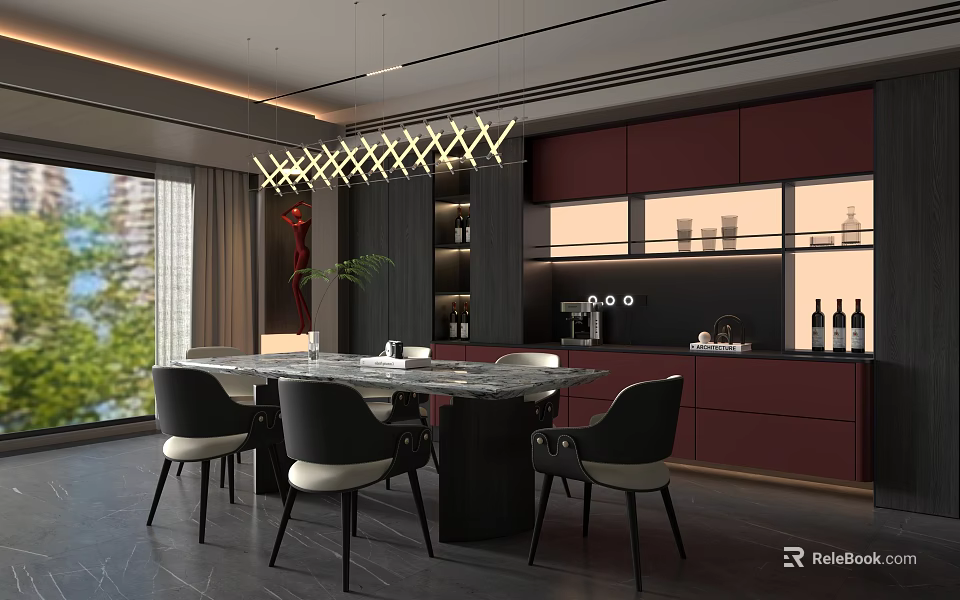 Elegant Modern Restaurant Interior With Dining Table Chairs And Pendant Lights 3d model 
