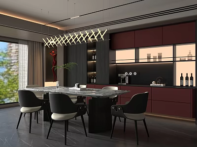 Elegant Modern Restaurant Interior With Dining Table Chairs And Pendant Lights 3d model