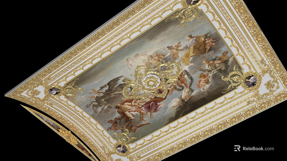 Ornate Classical Ceiling With Golden Borders And Intricate Angel Paintings 3d model 