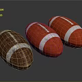 Three Brown And Red Footballs With White Stripes On Dark Background