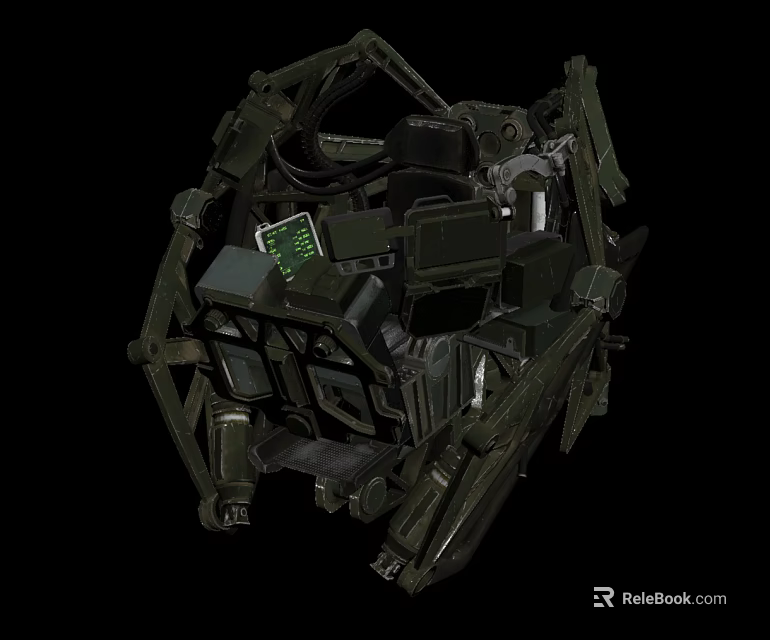 Pilot Character Inside Dark Metal Mech With Green Display Screen And Mechanical Frame 3d model 