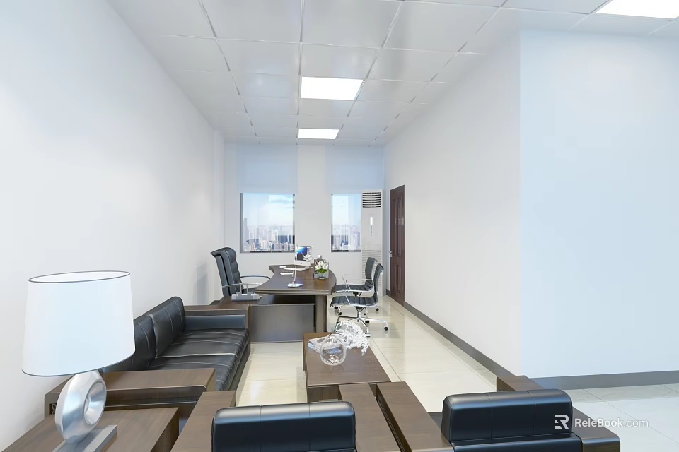 Modern Office Interior Design With Desks Sofa Chairs Coffee Table And Window Lighting 3d model