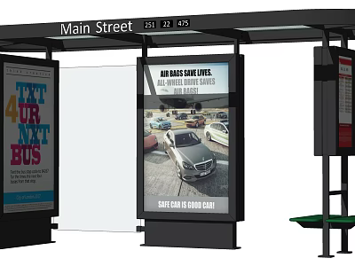 Public Bus Stop Facility On Main Street With Advertising Billboards Bench And Information Board 3d model