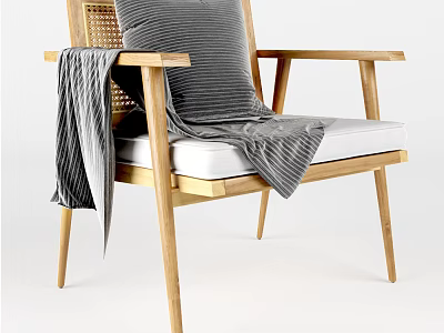 Modern Wooden Armchair With Grey Cushion And Blanket On Armrest 3d model