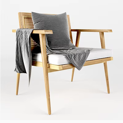 Modern Wooden Armchair With Grey Cushion And Blanket On Armrest 3d model