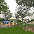 Serene Garden Landscape with Conical Tents Tall Trees String Lights and Outdoor Activity Spaces