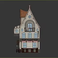 Charming Cartoon Scene With Cute Small House White Walls Red Brown Roof And Striped Awning