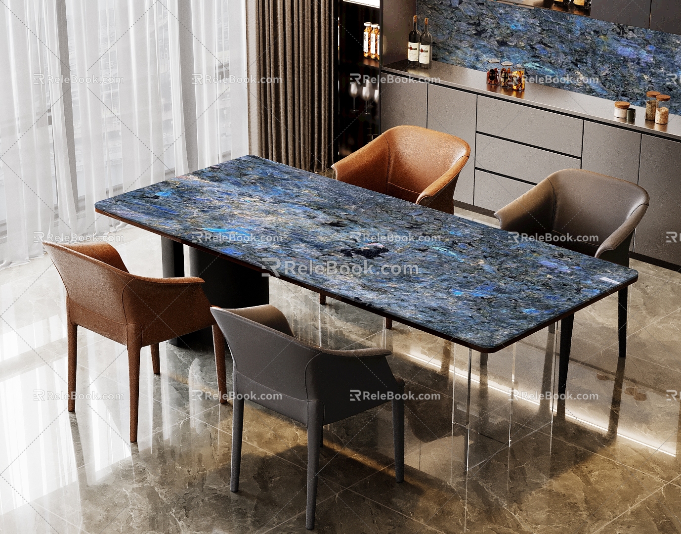 Blue enchantress luxury stone dining table restaurant dining chair table and chair combination 3d model