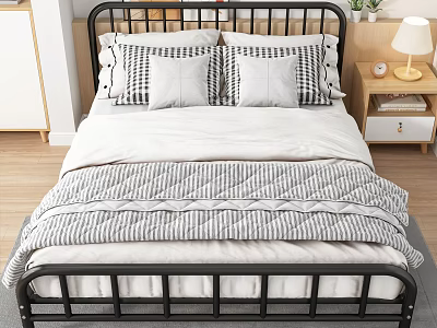 Modern Double Bed with Black Metal Frame Striped Quilt Pillows Bedside Table Lamp and Plant 3d model