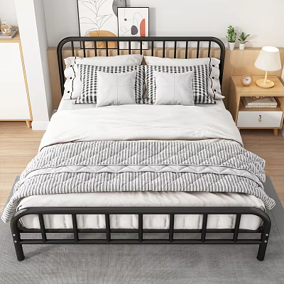 Modern Double Bed with Black Metal Frame Striped Quilt Pillows Bedside Table Lamp and Plant 3d model