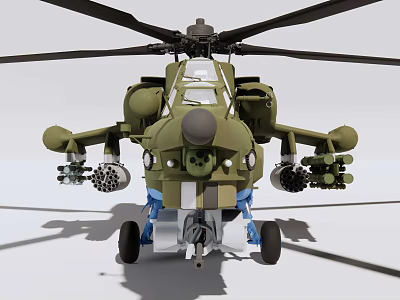 Green Military Helicopter Front View With Rotor Blades Cockpit Windows Weapon Systems And Landing Gear 3d model