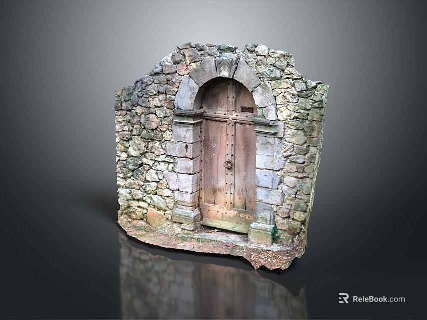 Ancient Stone Gate With Arched Design And Wooden Door In Stone Wall Structure 3d model 