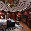Luxurious Hotel Guest Room With Domed Ceiling Chandelier Blue Sofa And Decorative Paintings