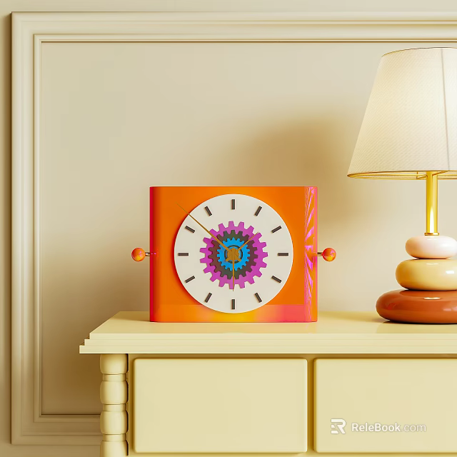 Orange Square Clock With Colorful Gear Design On Light Yellow Table 3d model 