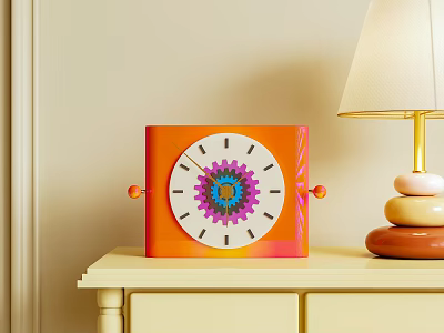 Orange Square Clock With Colorful Gear Design On Light Yellow Table 3d model